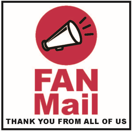 FAN Mail promotional image -- a cartoon-style megaphone is in a red circle over text reading "FAN Mail - thank you from all of us"