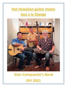 A promotional photo for Christo's Novelty Combo (band) -- Gian Compuesto on the left with a jazz guitar, Forrest Evans in the center, and Christo Ruppenthal on the right.