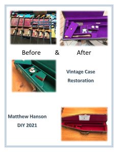 A series of images showing the restoration process and finish work of Matt Handon's vintage gun case restoration work.