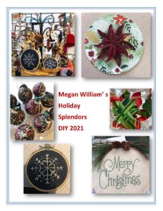 Examples of Megan William's holiday crafts, including a display of ornaments, a paper quilling project, and Christmas and winter-themed embroidery.