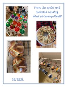Examples of ornaments and bread projects Carolyn Wolff has worked on. Bread is shaped like a wreath in one picture and roast turkey in another. Ornaments decorated in a watercolor pattern and a patchwork fabric look.