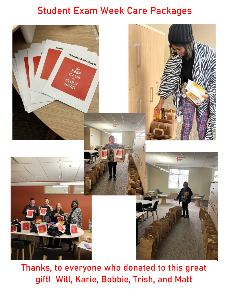 Photo collage of the various components of the student employee exam week care packages and the assembly process by BSCC members. A couple dozen of paper grocery bags have student names and a sign reading "Keep Calm and Study On" on the front.