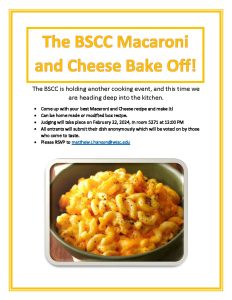 A large image of mac and cheese made with cavatapi noodles and sprinkled in black pepper is at the bottom of the page. The top of the page spells out event details: Mac and Cheese bake off on February 22, 2024 with voting to take place. Held in Room 5271 at 21 N. Park Street. Please RSVP to Matt Hanson.
