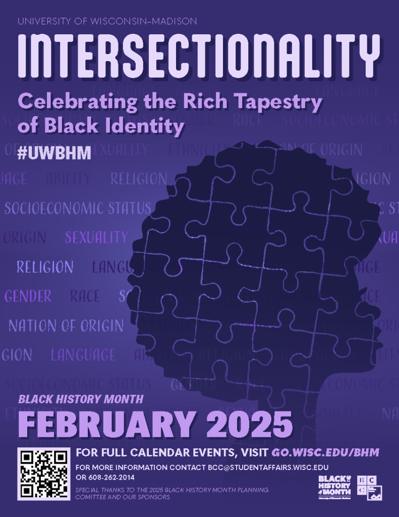 Stylized poster - an individual in silhouette with an afro is made up of puzzle pieces, surrounded by words such as "sexuality", "religion", "gender", "nation of origin." Text along the top reads "Intersectionality - Celebrating the Rich Tapestry of Black Identity" for Black History Month 2025 at UW-Madison.