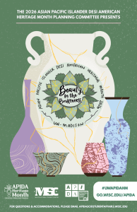 Poster advertising APIDA (Asian Pacific Islander Desi American) Month 2026, theme "Beauty in the Brokeness" -- broken stylized pottery is mended with golden adhesive ("kintsugi")