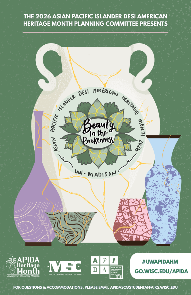 Poster advertising APIDA (Asian Pacific Islander Desi American) Month 2026, theme "Beauty in the Brokeness" -- broken stylized pottery is mended with golden adhesive ("kintsugi")